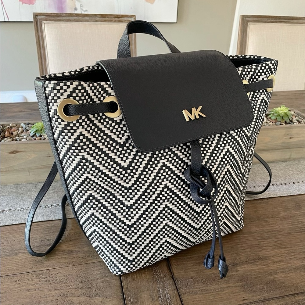 NWT MICHAEL KORS Junie Woven Leather Backpack-NAVY